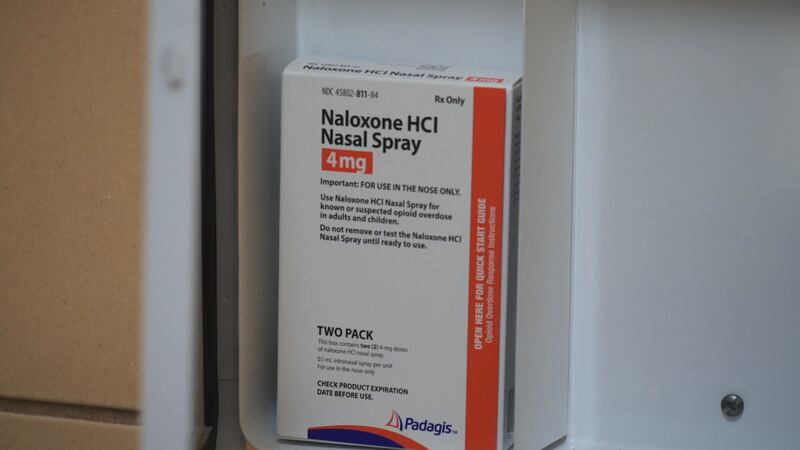 A "Naloxbox" Naloxone drug overdose reversal kit installed in an Ohio rest area.